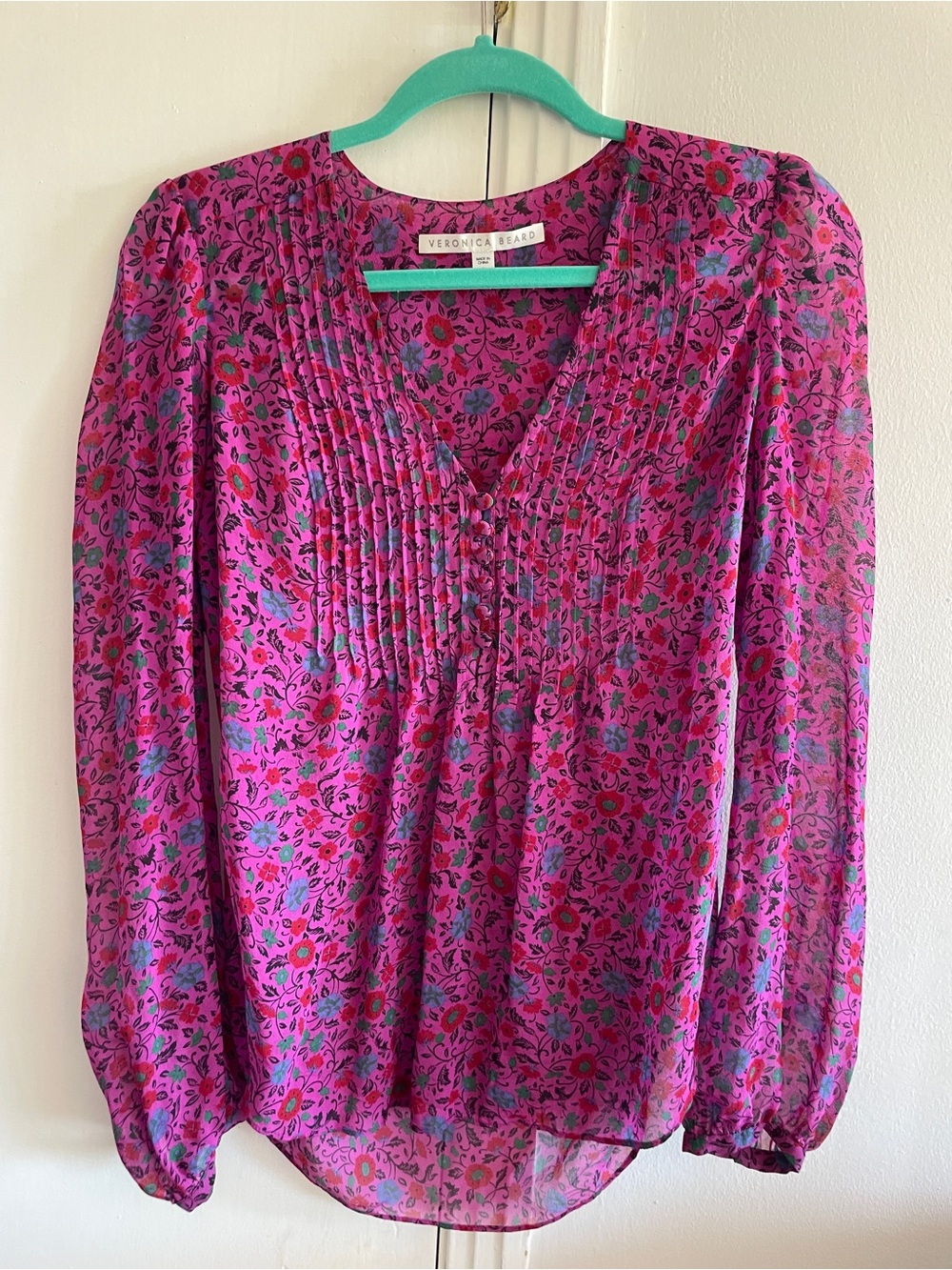Veronica Beard Fuchsia Floral Pintuck V-Neck Blouse